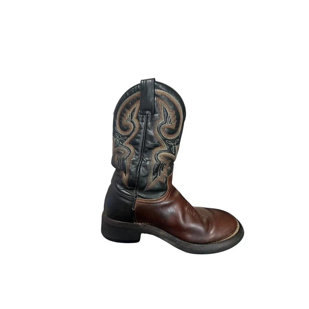 Vintage Roper Mens Brown Leather Cowboy Pull On Boots Size 8 Embroidered Spain